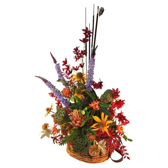 Artificial Floral Arrangement In Fishing Creel Basket With Vibrant Red Purple & - Picture 7 of 15